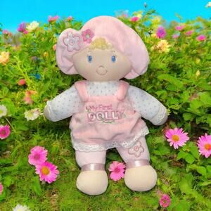 Baby Gund 13" My First Dolly Plush Stuffed Pink Hat Blonde Hair Embroidered Toy